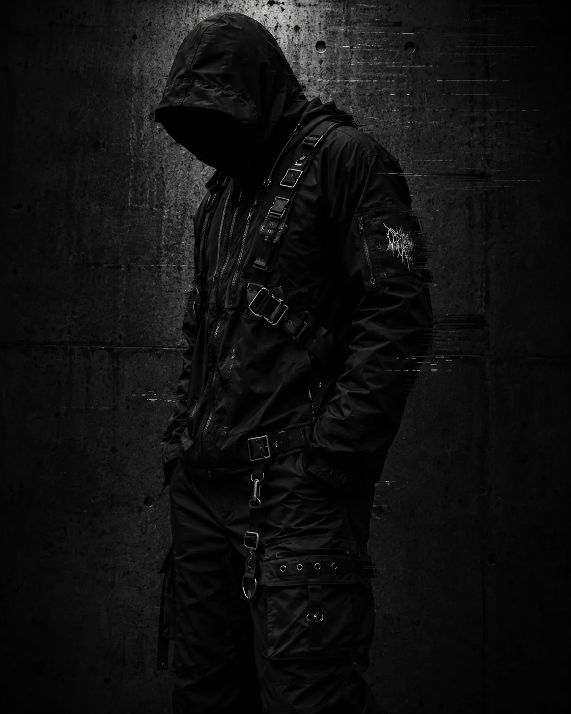 Hooded figure in black technical outerwear with strap harness against a concrete wall