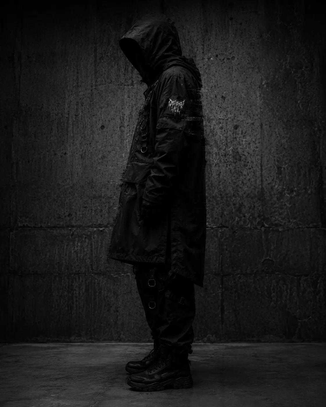 Side profile of a hooded figure in long black outerwear and heavy boots