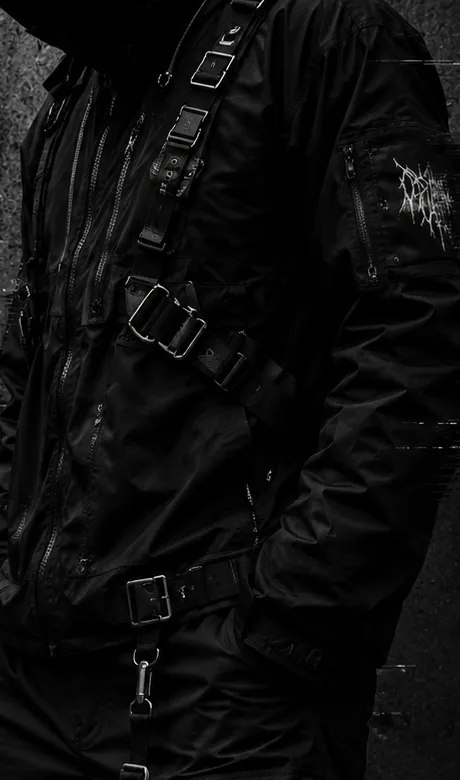 Close crop of black garment straps, buckles, and utility hardware